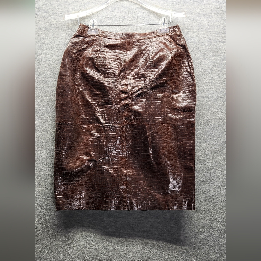 Vintage 90s Chocolate Brown alligator embossed Leather Midi Skirt M boho hippie
